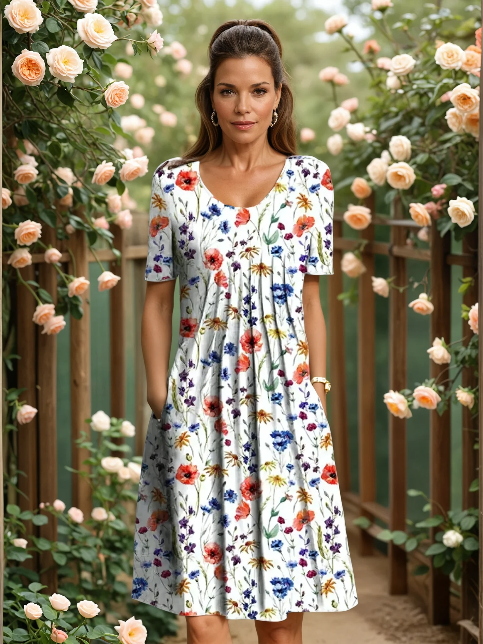 Femme portant une robe à fleurs colorées, debout dans un jardin de roses. Mode féminine, robe d'été, style floral, élégance naturelle.