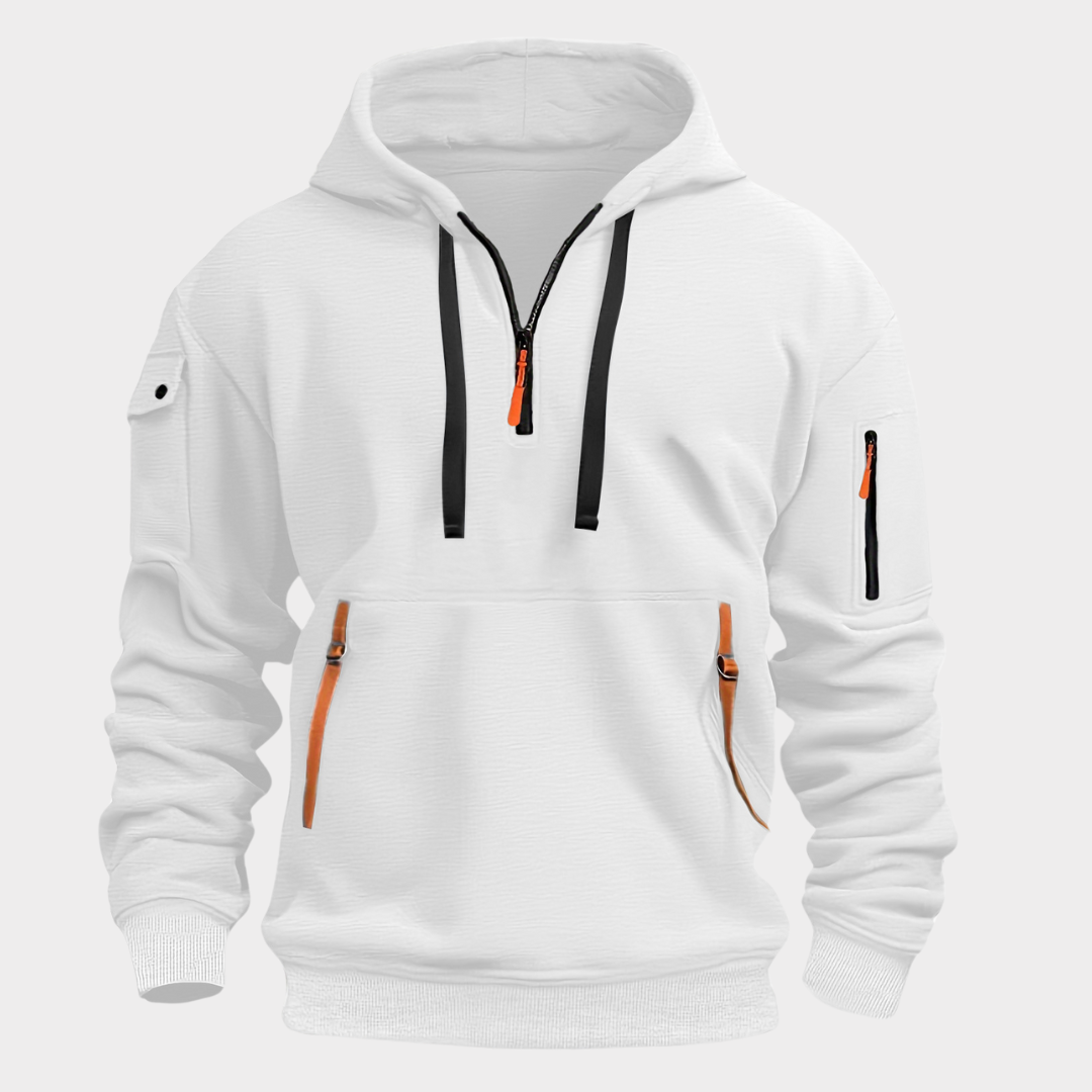 Sweat à capuche blanc avec fermeture éclair noire et détails orange, poches zippées, manches longues, style décontracté. Mode homme tendance.