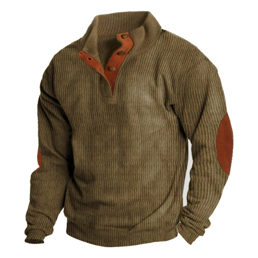 Pull en laine marron avec coudières en cuir, col boutonné, style décontracté. Idéal pour l'hiver, mode homme, confort et chaleur assurés.