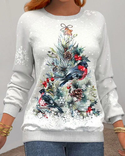 Sweat à manches longues avec motif de sapin de Noël et impression d'oiseaux et de flocons de neige