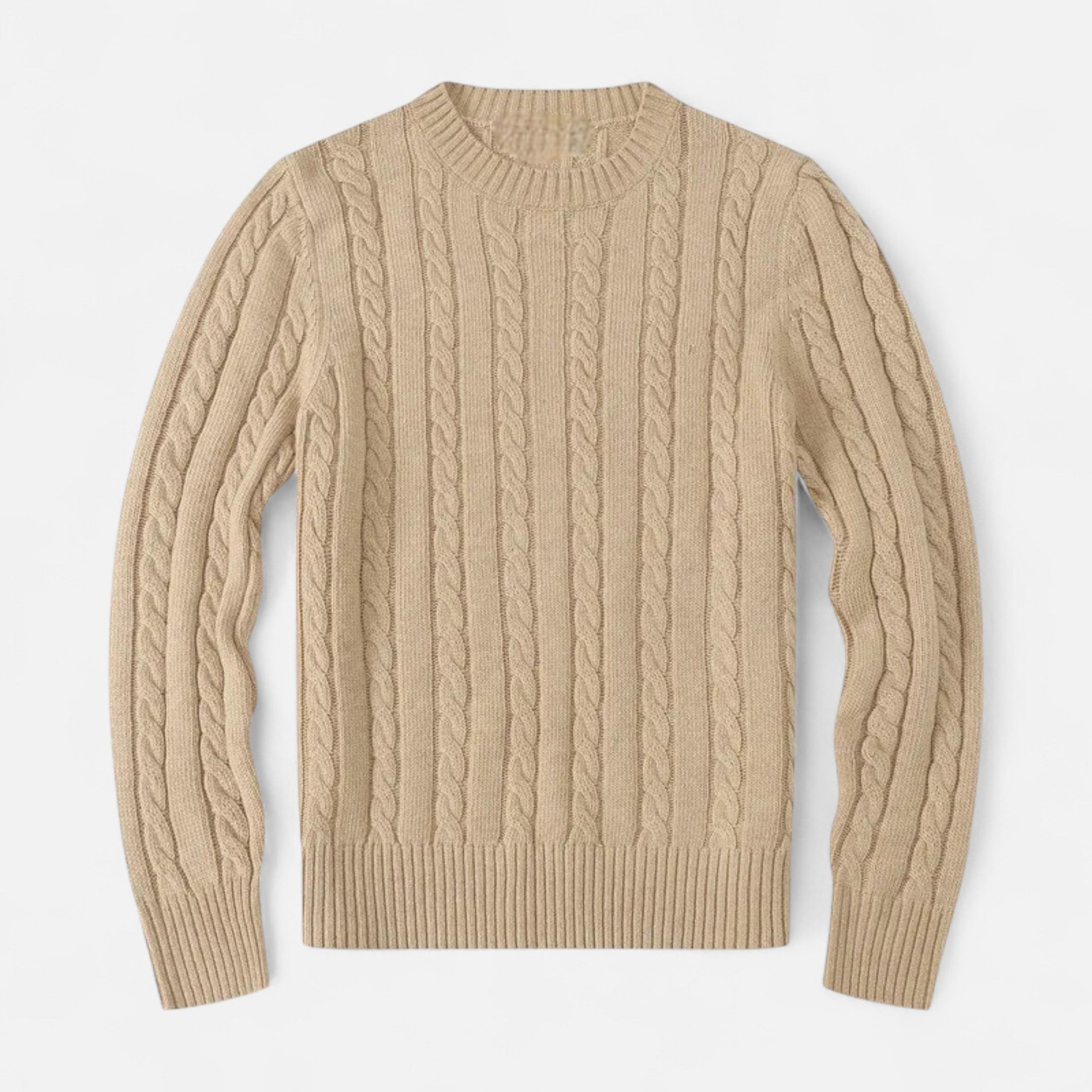 Pull torsadé beige en laine, manches longues, col rond. Design élégant et chaud, idéal pour l'hiver. Mode homme, vêtement tendance.