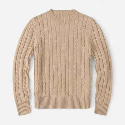 Pull torsadé beige en laine, manches longues, col rond. Design élégant et chaud, idéal pour l'hiver. Mode homme, vêtement tendance.