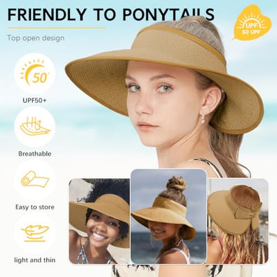 Sombrero de paja plegable para mujer con ala ancha y protección UV