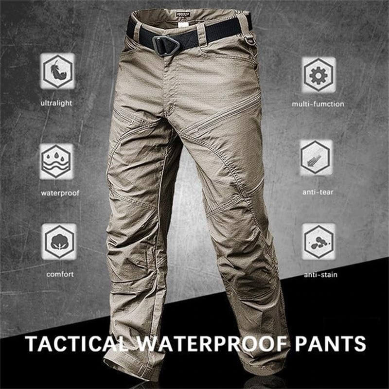 Pantalon tactique imperméable beige, ultraléger, multifonction, résistant à la déchirure et aux taches, offrant confort et durabilité.