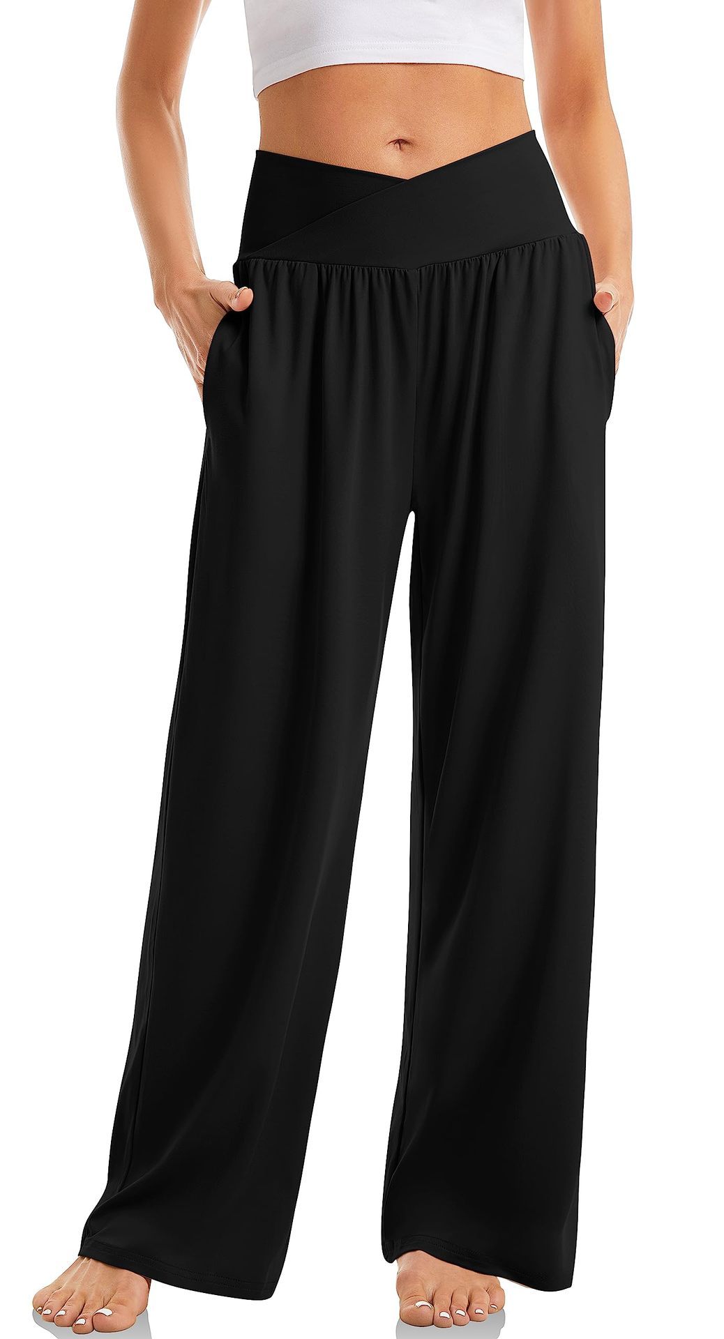 Pantalon large noir taille haute pour femme, avec poches, style décontracté et confortable, idéal pour yoga ou détente.
