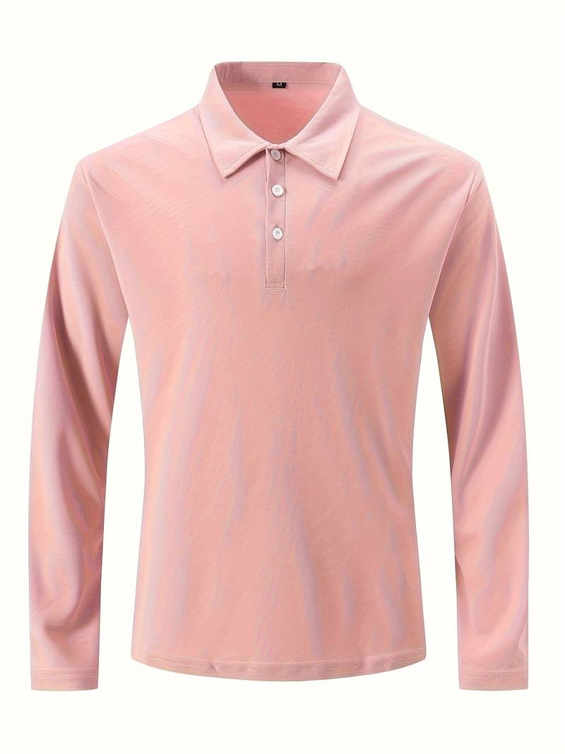 Polo rose à manches longues pour homme, col boutonné, style décontracté, tissu léger et confortable, idéal pour la mode automne-hiver.