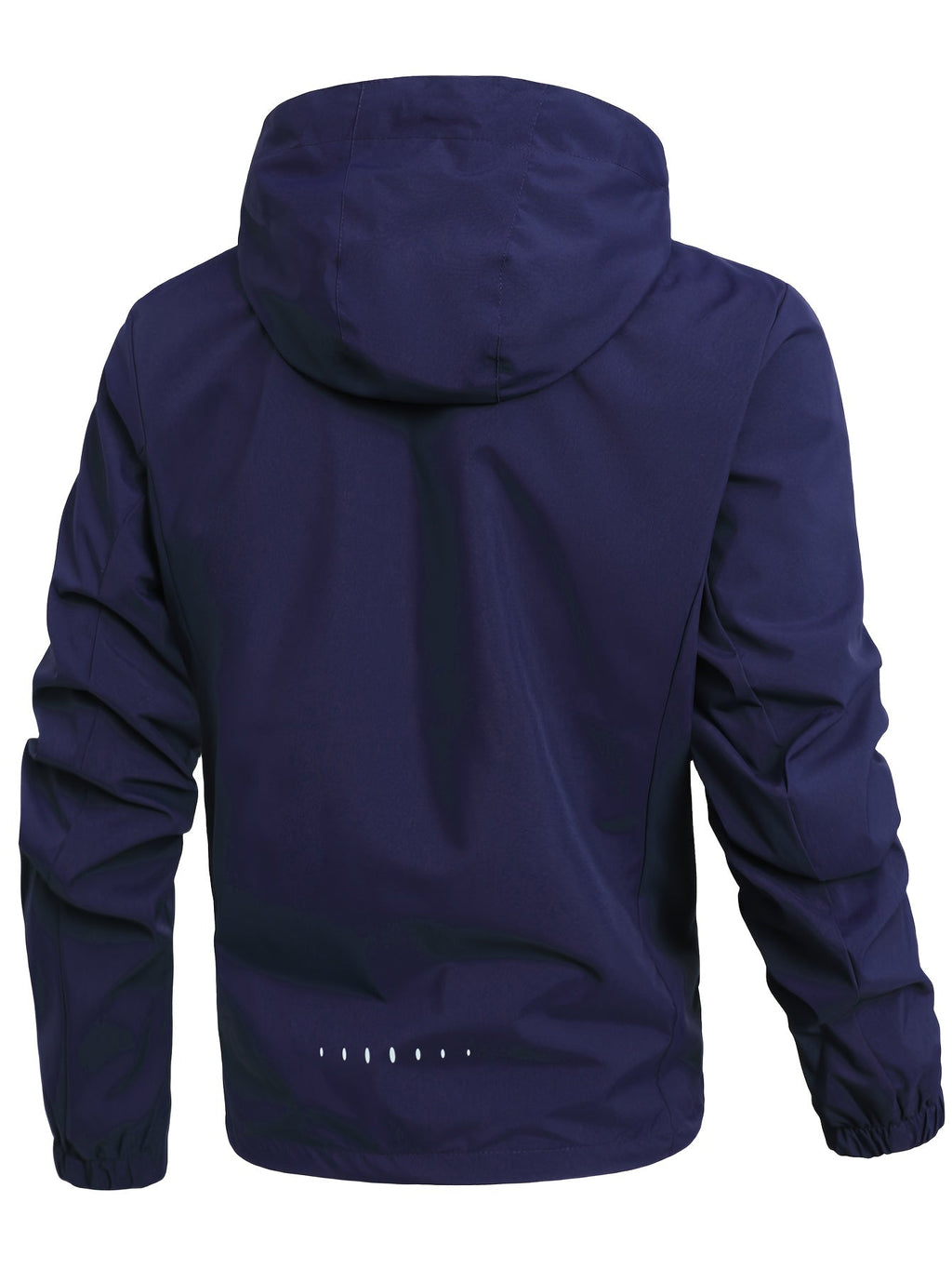 Veste imperméable bleu marine avec capuche, manches longues et détails réfléchissants. Idéale pour activités extérieures et temps pluvieux.