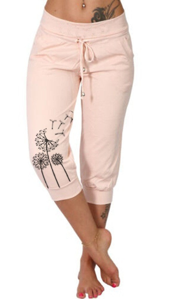 Pantalon capri rose pour femme avec motif pissenlit, taille élastique, cordon de serrage, confortable et tendance, idéal pour l'été.