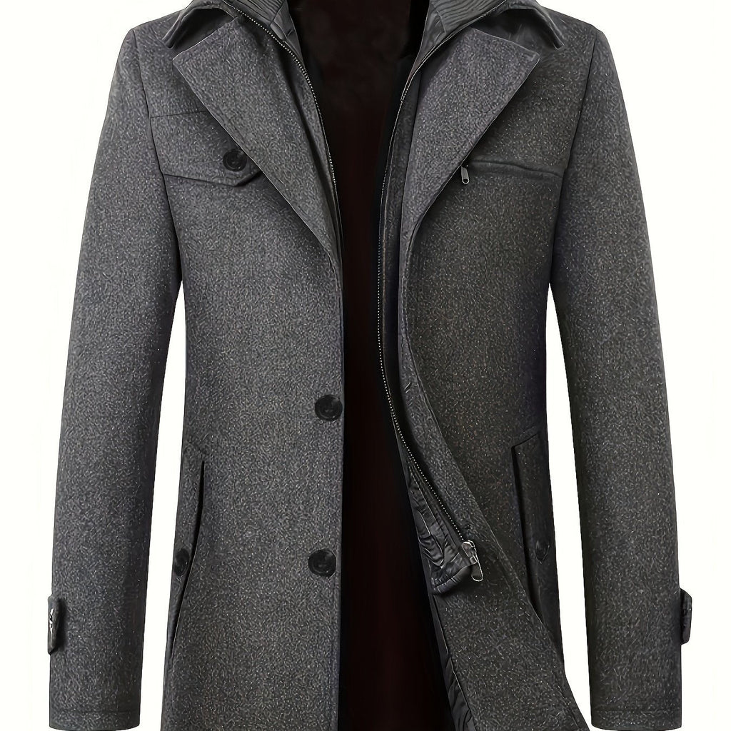 Manteau gris élégant pour homme, style classique, avec col à revers et fermeture éclair, idéal pour l'hiver et les occasions formelles.