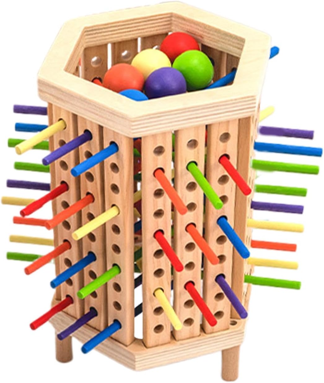 Jouet éducatif en bois hexagonal avec bâtons colorés et boules multicolores, favorisant la motricité et la coordination chez les enfants.