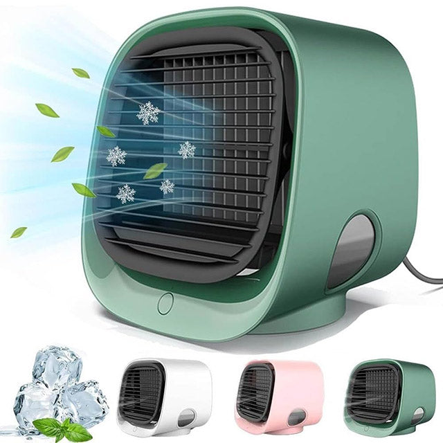 Ventilateur de refroidissement portable vert, compact et moderne, avec fonction de diffusion d'air frais. Disponible en plusieurs couleurs.