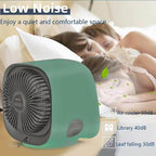 Ventilateur silencieux vert sur table de chevet, idéal pour chambre à coucher. Refroidisseur d'air 50dB, parfait pour un sommeil paisible.