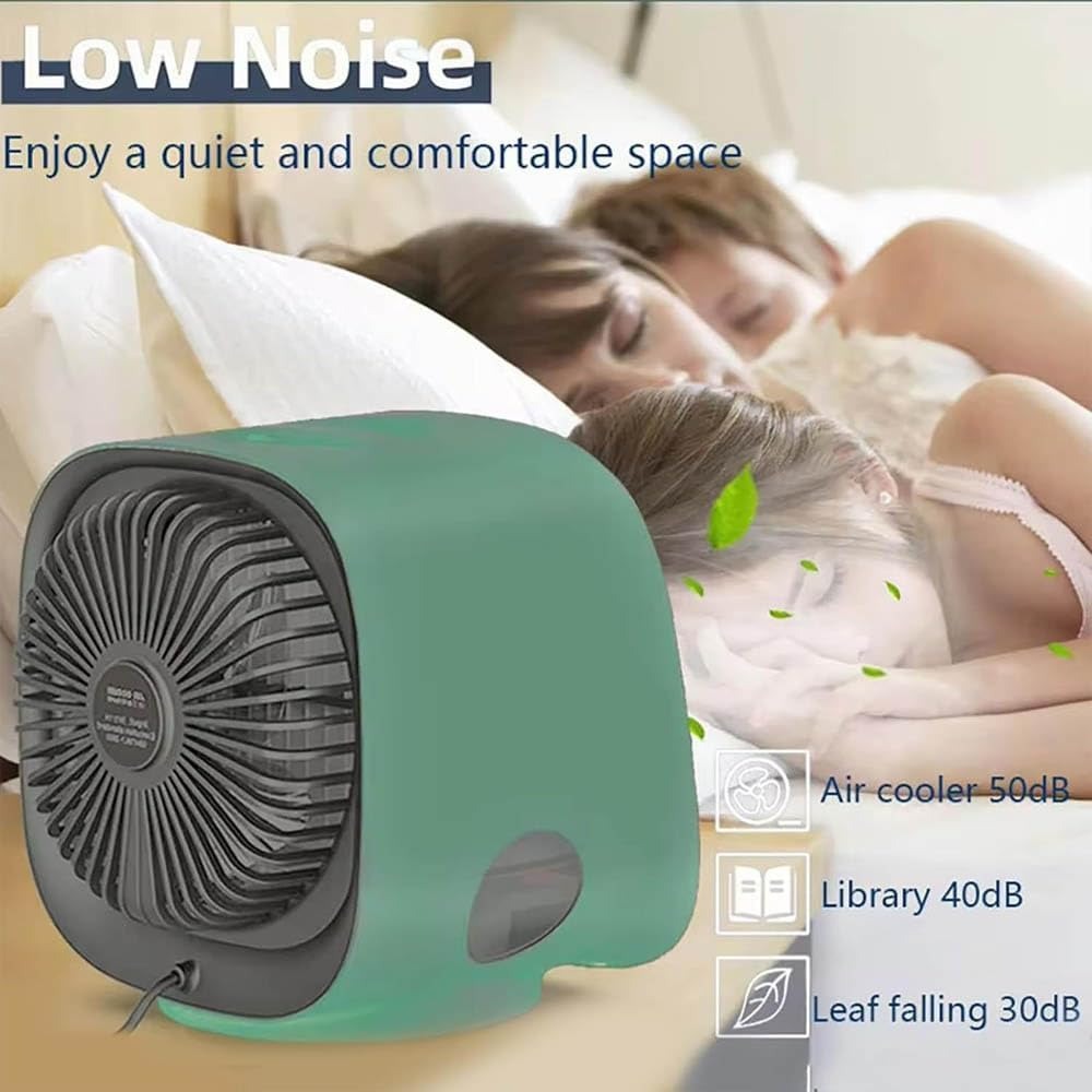 Ventilateur silencieux vert sur table de chevet, idéal pour chambre à coucher. Refroidisseur d'air 50dB, parfait pour un sommeil paisible.