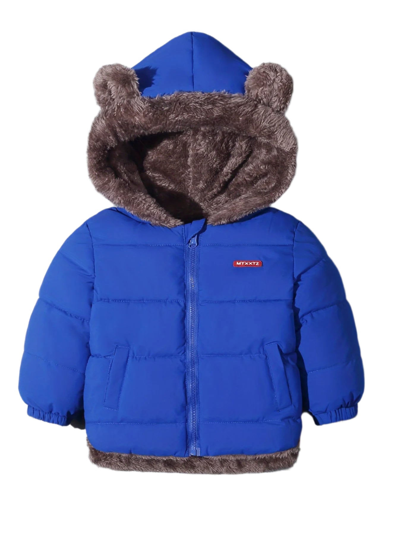 Veste d'hiver pour enfant, bleue avec capuche à oreilles, doublure en fausse fourrure marron, fermeture éclair, poches avant. Mode enfant hiver.