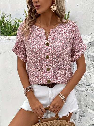 Blusa floral de manga corta con botones para mujer
