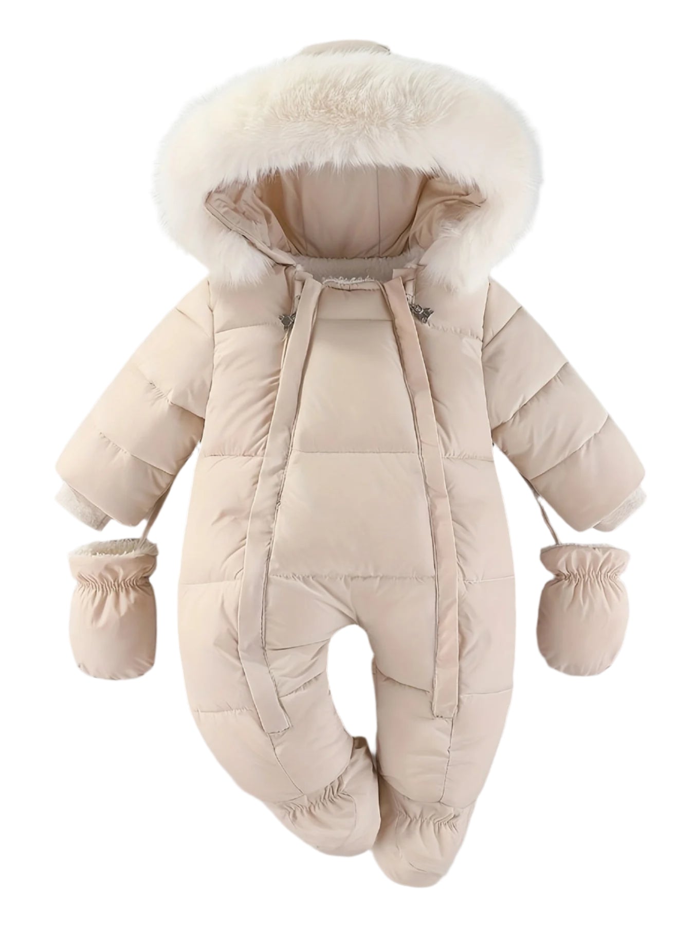 Combinaison bébé hiver beige avec capuche en fausse fourrure, gants assortis, design matelassé, vêtement chaud pour nouveau-né, mode enfant.