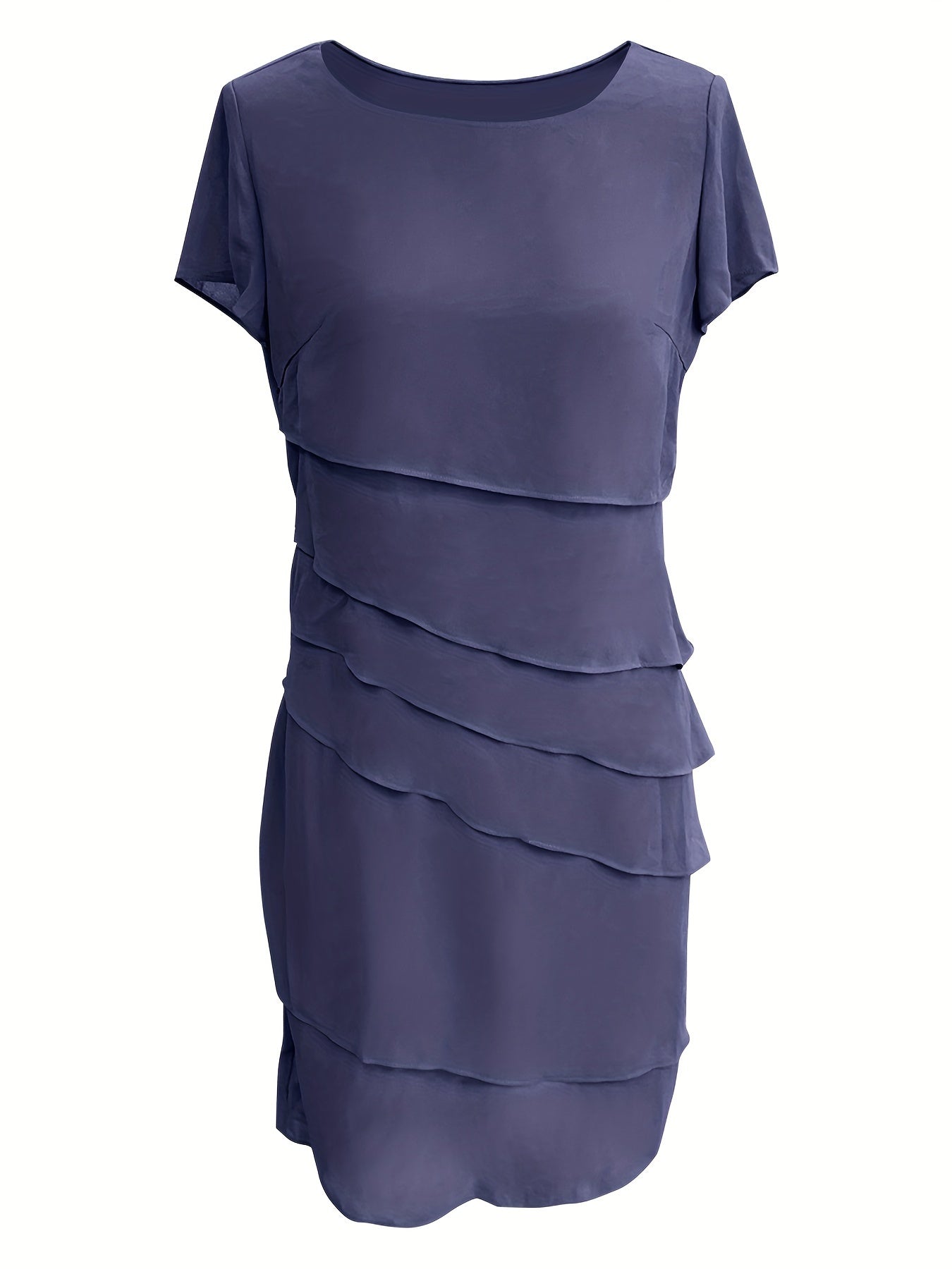 Elegante vestido formal de una sola capa con ribete de color, cuello redondo y manga corta para mujer | Para ocasiones formales