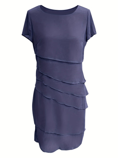 Elegante vestido formal de una sola capa con ribete de color, cuello redondo y manga corta para mujer | Para ocasiones formales