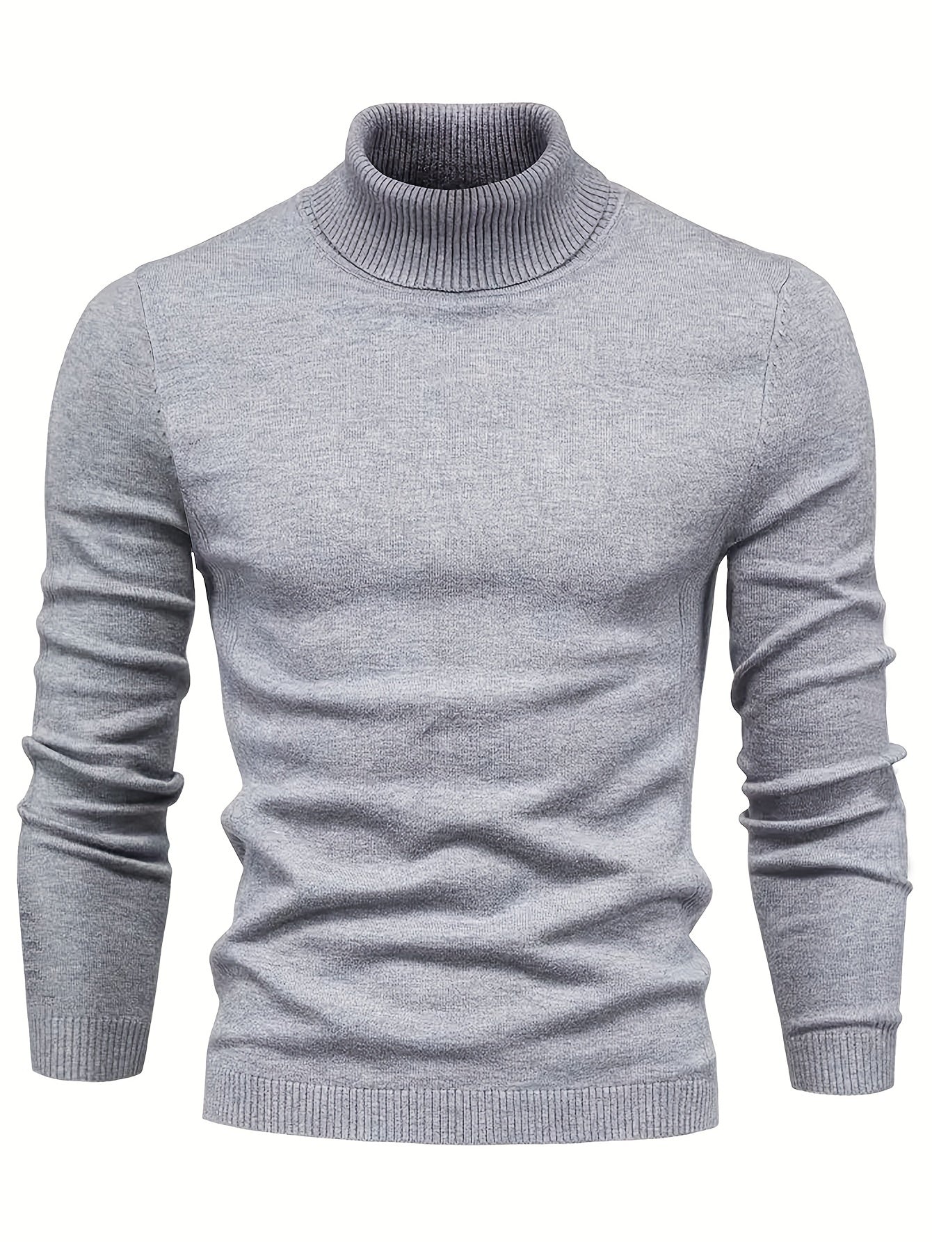 Pull col roulé gris pour homme, manches longues, tricoté, style élégant et moderne, idéal pour l'hiver et l'automne, mode masculine tendance.