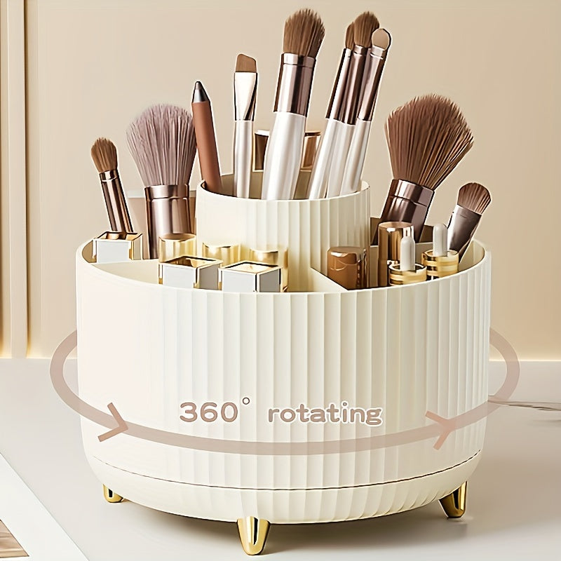 Organisateur de maquillage rotatif à 360°, beige, avec pinceaux et rouges à lèvres, design moderne, idéal pour rangement cosmétique et accessoires beauté.