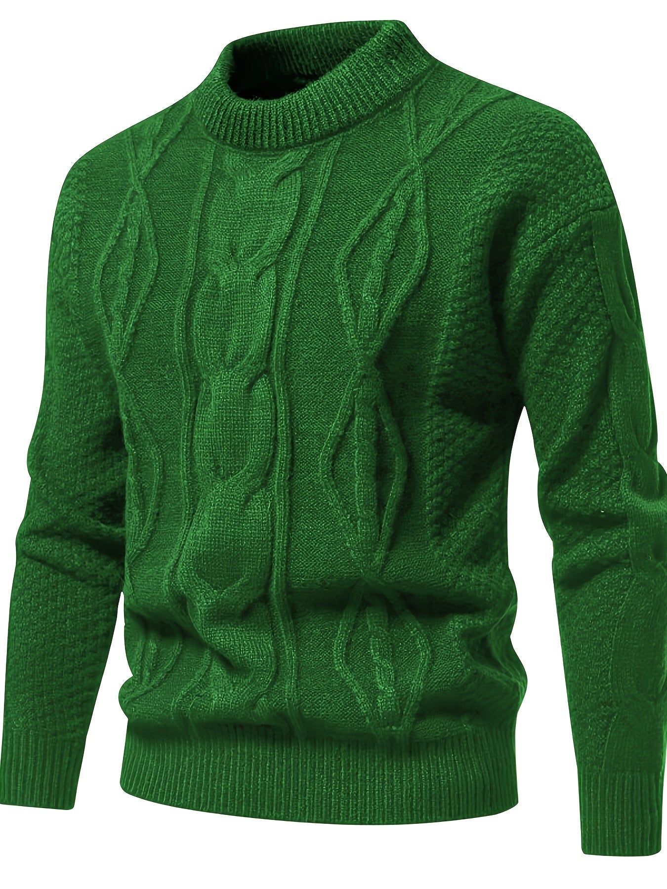 Pull vert en laine torsadée, col rond, manches longues. Design élégant et chaud, idéal pour l'hiver. Mode homme, tendance automne-hiver.