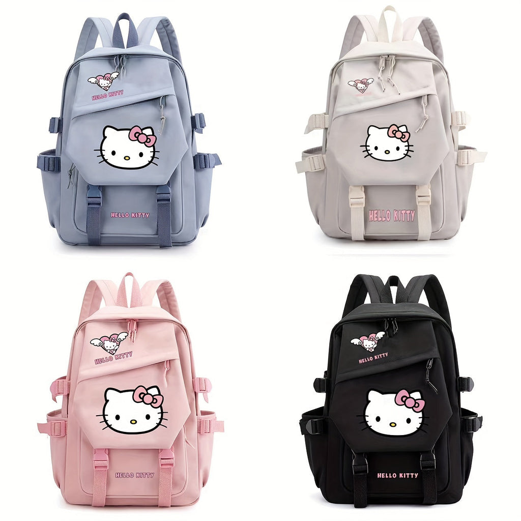 Quatre sacs à dos Hello Kitty colorés : bleu, beige, rose et noir, avec motifs de chat emblématique et poches multiples. Accessoires mode tendance.