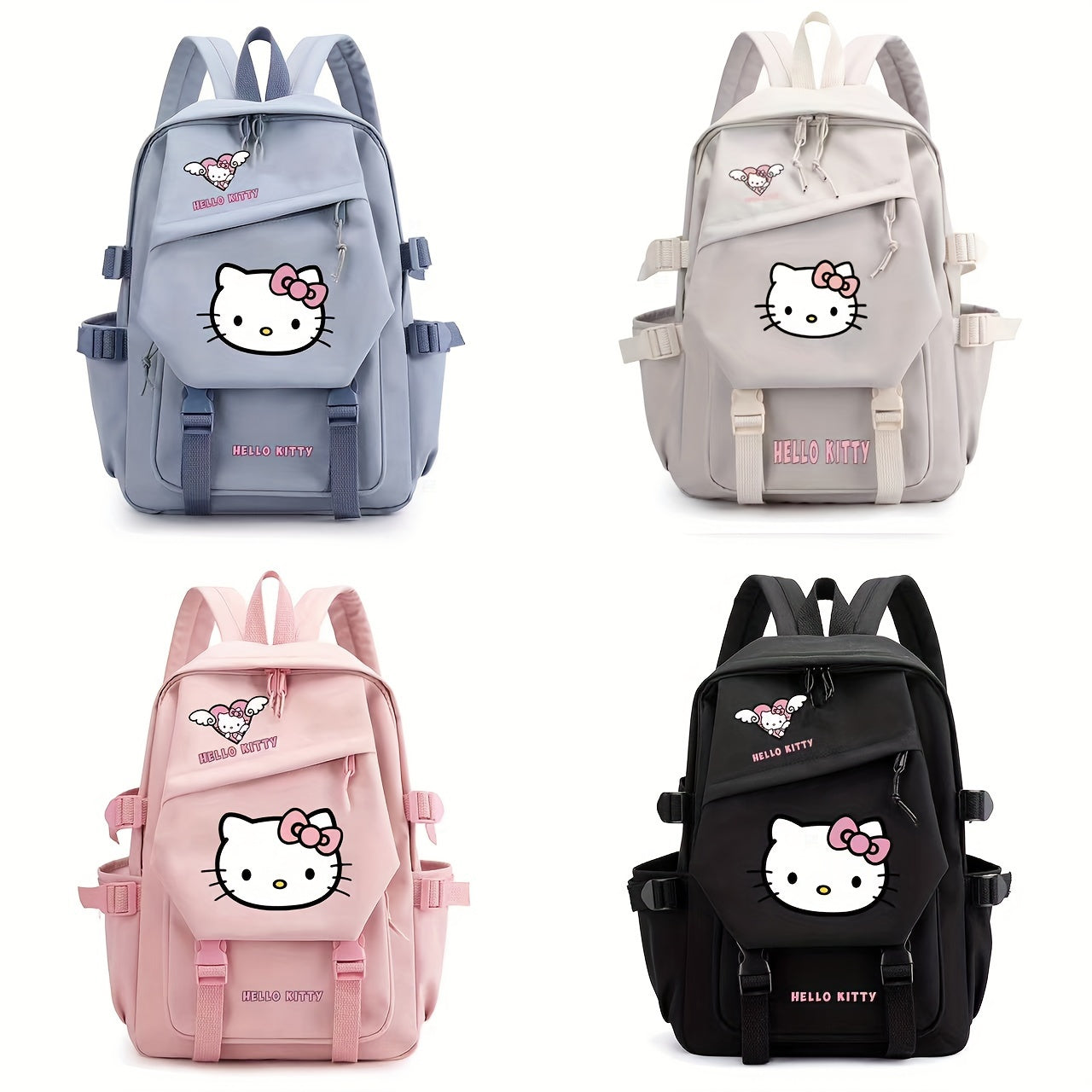 Quatre sacs à dos Hello Kitty colorés : bleu, beige, rose et noir, avec motifs de chat emblématique et poches multiples. Accessoires mode tendance.