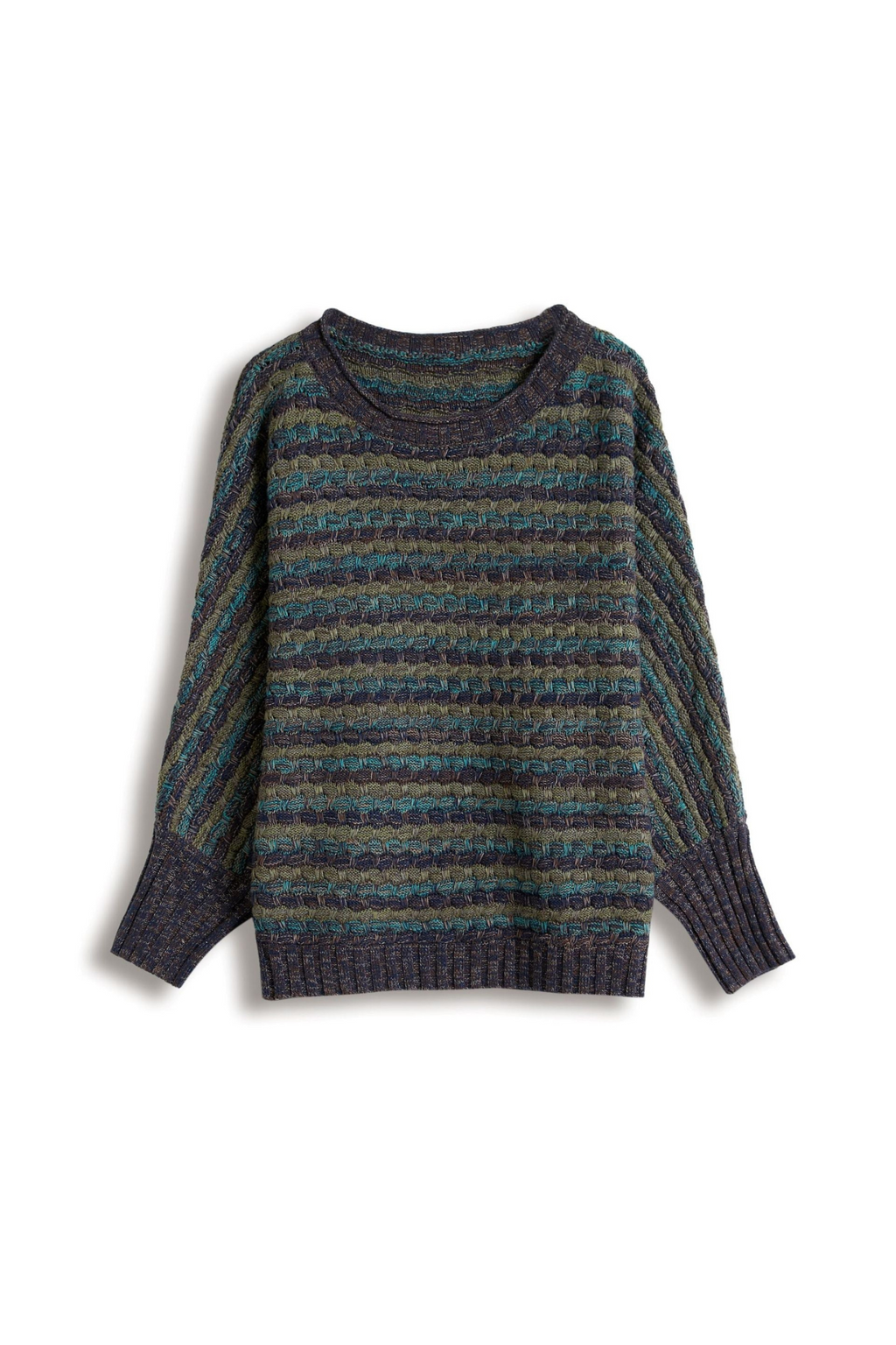 Pull rayé multicolore en laine, manches longues, col rond, motifs texturés. Vêtements d'hiver tendance, style décontracté et confortable.