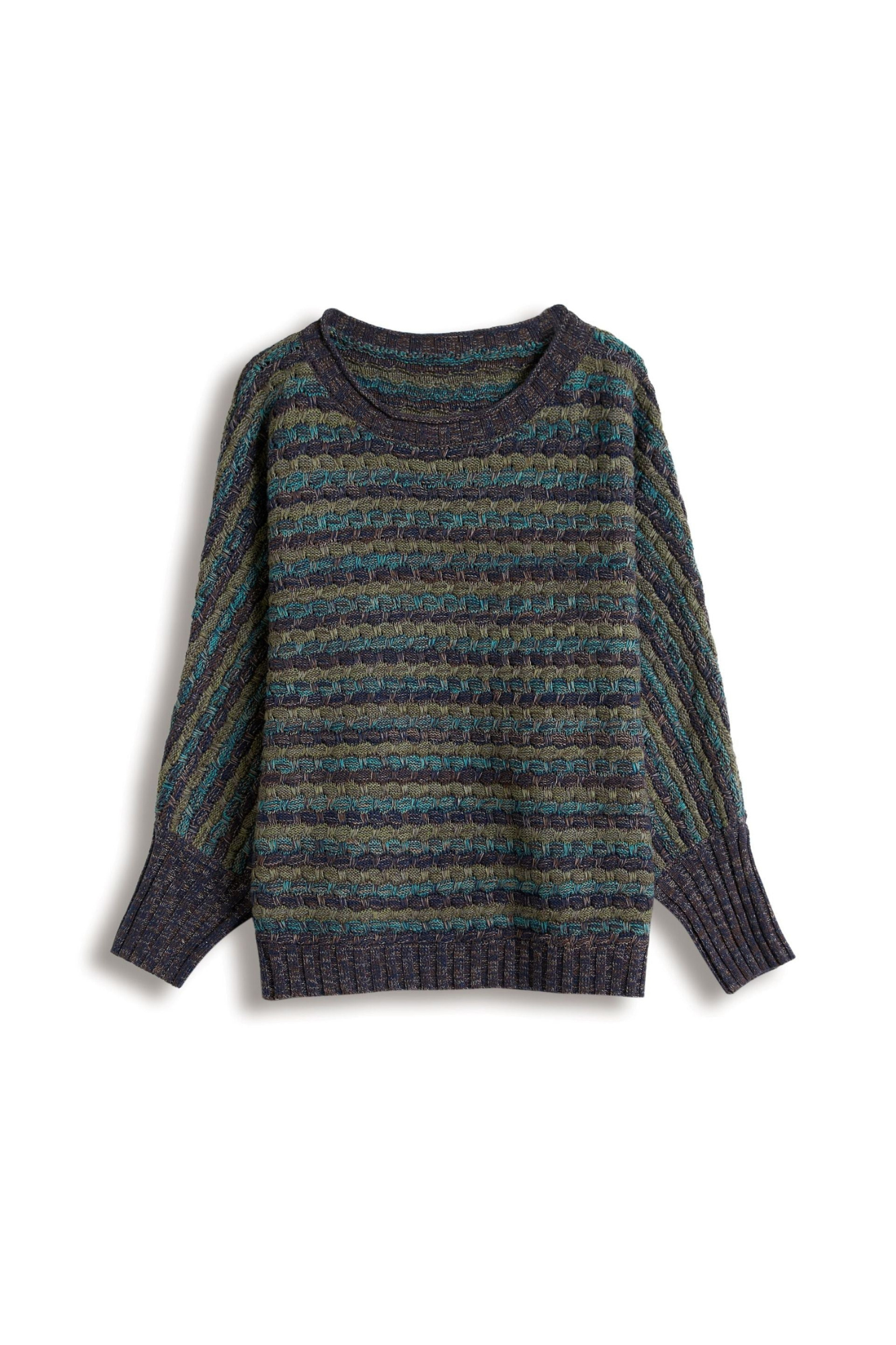 Pull rayé multicolore en laine, manches longues, col rond, motifs texturés. Vêtements d'hiver tendance, style décontracté et confortable.