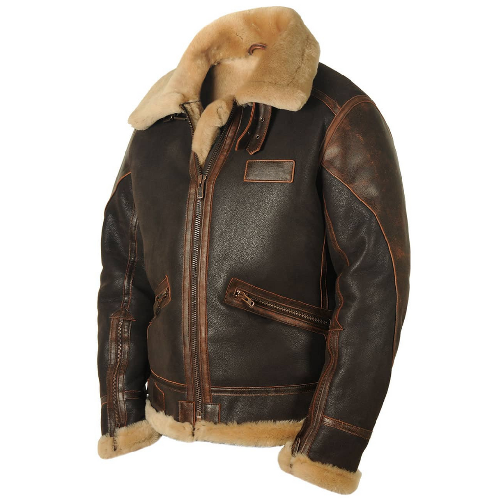 Blouson aviateur en cuir marron avec col en fourrure beige, fermeture éclair, poches zippées, style vintage. Mode homme, veste hiver chaude.