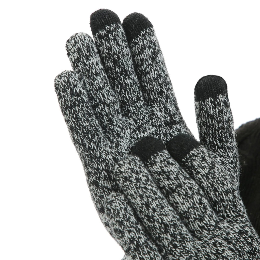Gants en laine gris et noir, motif chiné, avec bouts de doigts tactiles. Accessoire d'hiver chaud et pratique pour écran tactile.