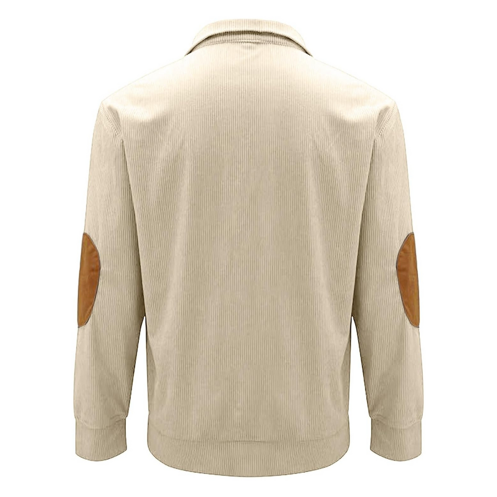 Veste beige en velours côtelé pour homme, vue de dos, avec coudières marron. Mode automne-hiver, style décontracté et élégant.