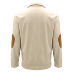 Veste beige en velours côtelé pour homme, vue de dos, avec coudières marron. Mode automne-hiver, style décontracté et élégant.