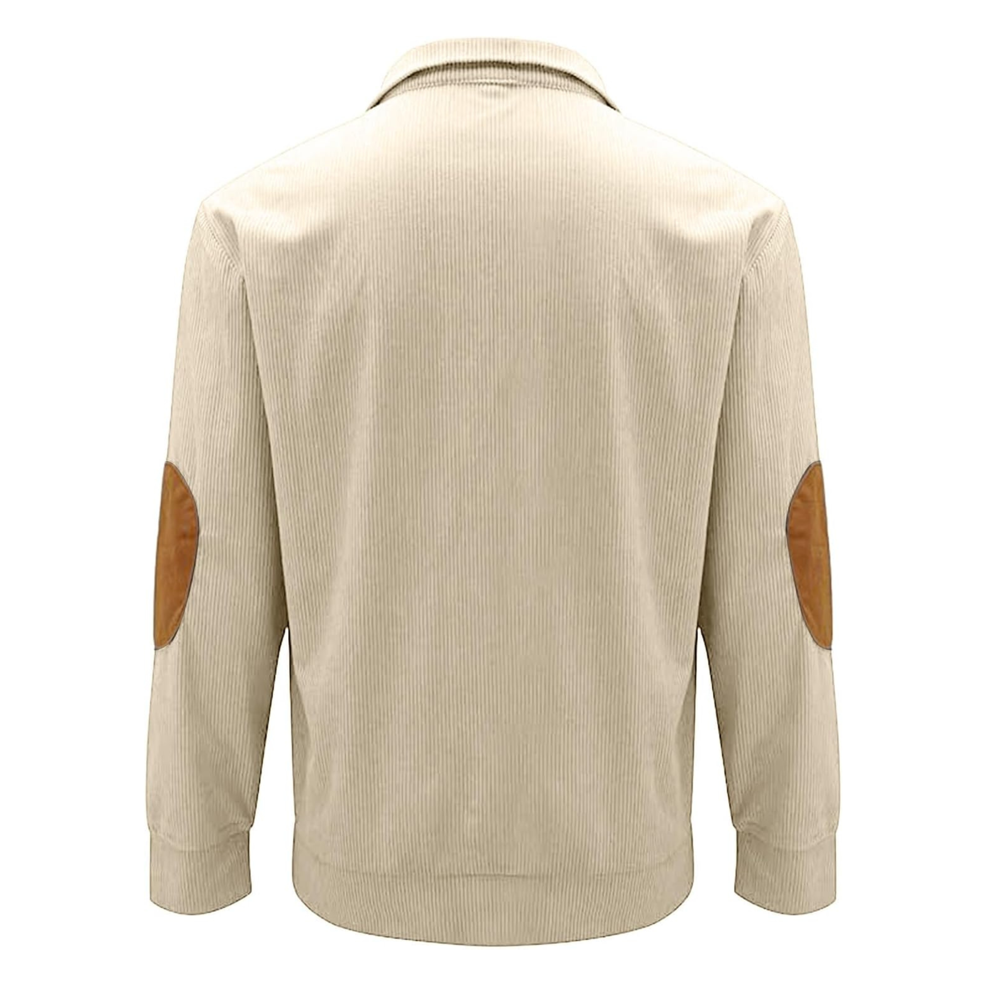 Veste beige en velours côtelé pour homme, vue de dos, avec coudières marron. Mode automne-hiver, style décontracté et élégant.