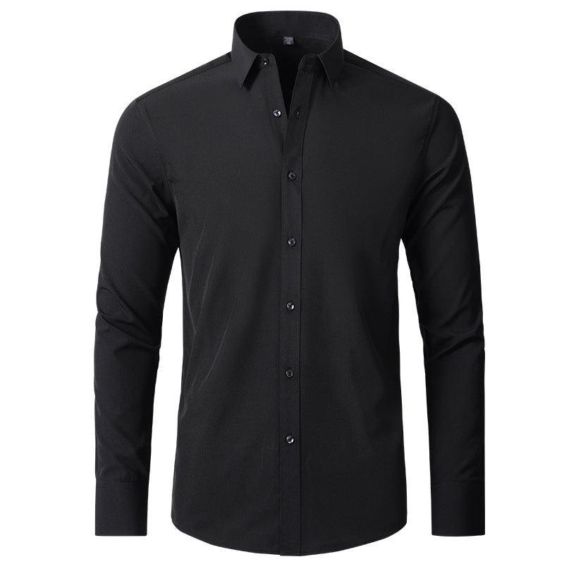 Chemise noire élégante à manches longues pour homme, col classique, boutons noirs, style formel, idéale pour bureau ou occasions spéciales.