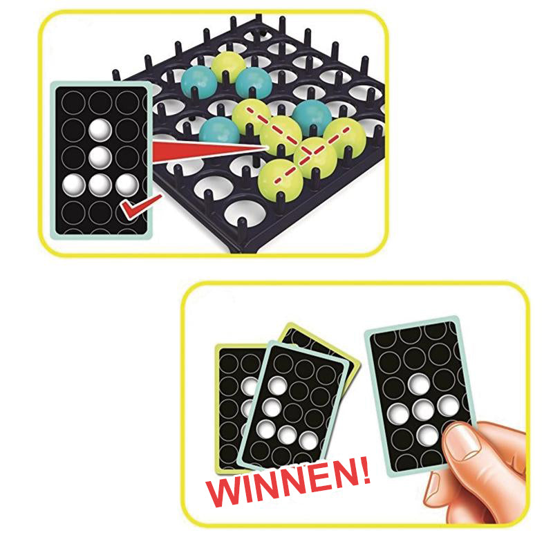 Jeu de société stratégique avec plateau noir, billes colorées et cartes de motifs. Objectif: aligner les billes selon le modèle pour gagner.