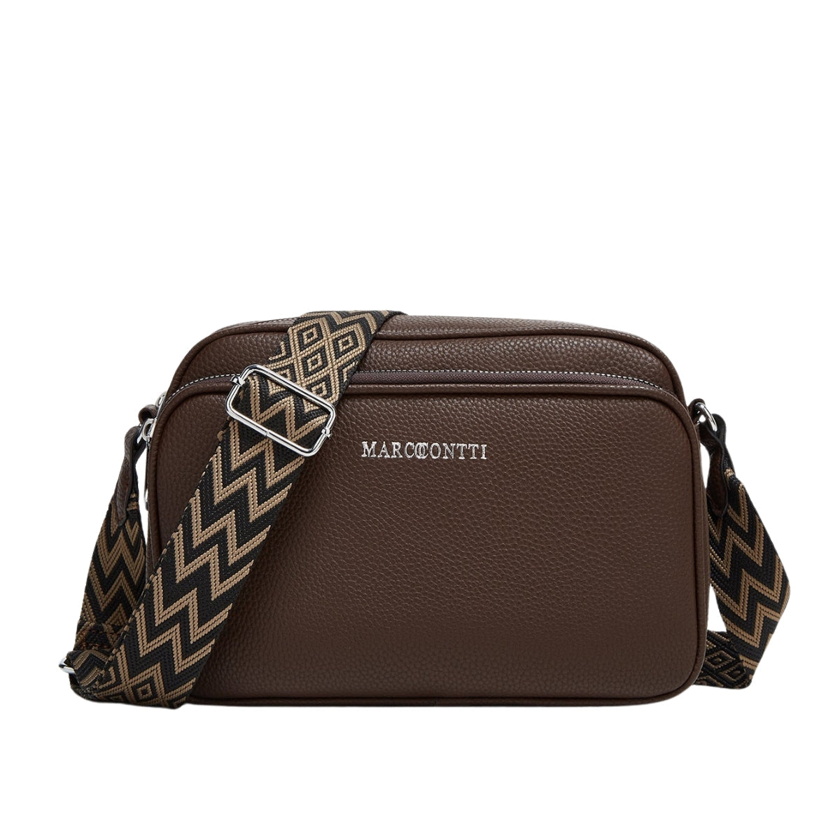 Sac à bandoulière en cuir marron avec logo "MARCONTTI", sangle à motif géométrique noir et beige, design élégant et moderne pour femmes.