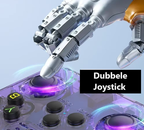Main robotique appuyant sur un joystick violet, contrôleur de jeu futuriste, technologie avancée, interface utilisateur innovante, design moderne.