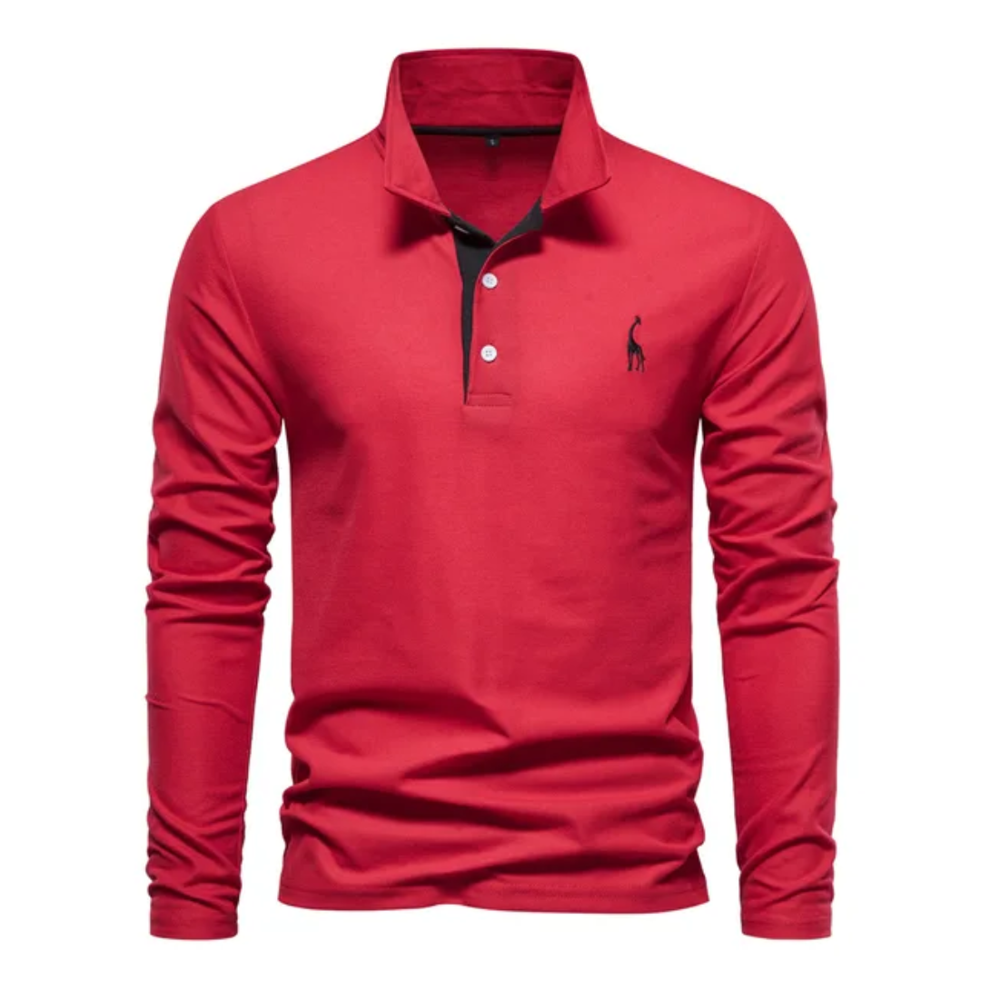Polo rouge à manches longues pour homme avec col boutonné, logo brodé noir, style décontracté élégant, idéal pour mode automne-hiver.