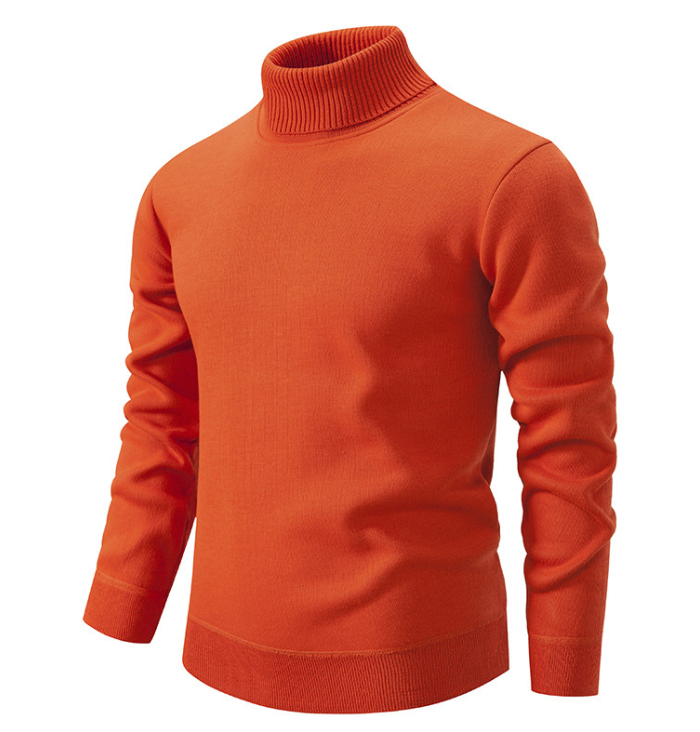 Pull col roulé orange vif, manches longues, en tricot doux. Mode automne-hiver, style décontracté, idéal pour temps frais.
