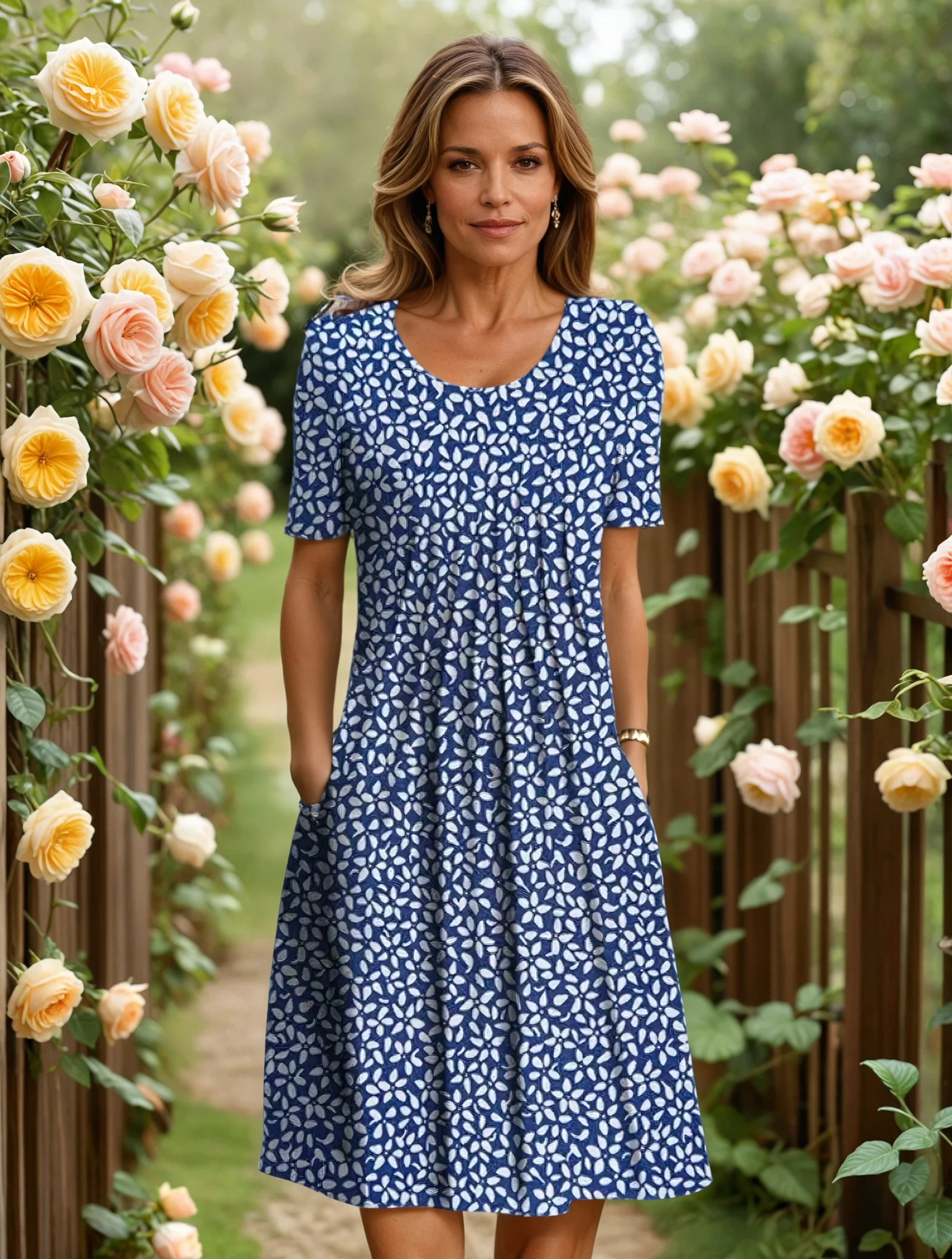 Femme souriante en robe bleue à motifs blancs, debout dans un jardin fleuri de roses jaunes et roses, journée ensoleillée, ambiance estivale.