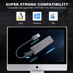 Adaptateur USB-C vers HDMI affiché sur un écran d'ordinateur, compatible avec Linux, Windows, Mac, Android. Connectivité universelle et haute performance.