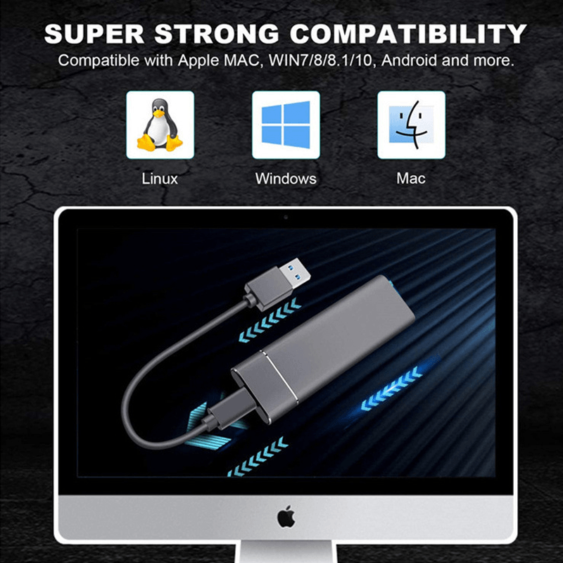 Adaptateur USB-C vers HDMI affiché sur un écran d'ordinateur, compatible avec Linux, Windows, Mac, Android. Connectivité universelle et haute performance.