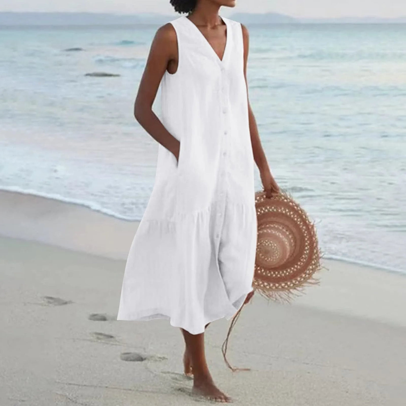 Robe élégante en lin à col en V – Elara