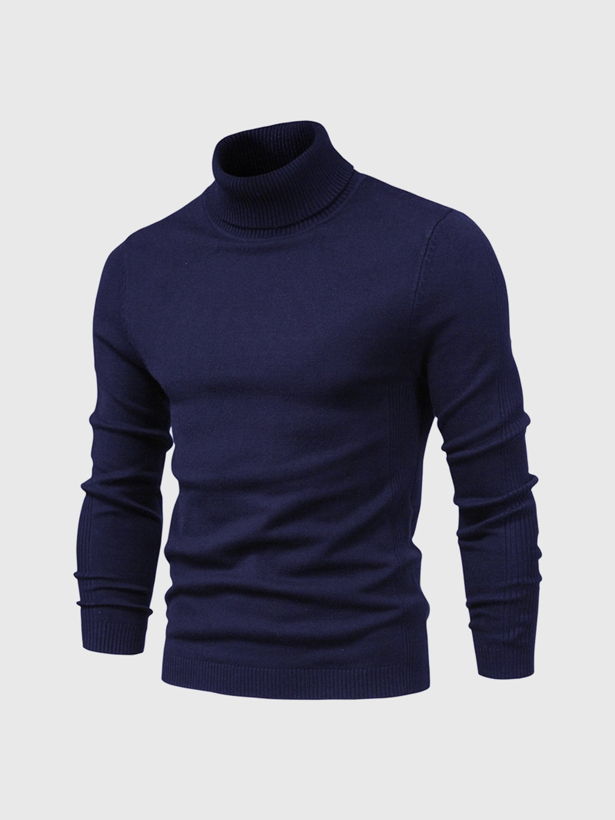 Pull col roulé bleu marine pour homme, manches longues, tricoté, élégant et chaud, idéal pour l'hiver et la mode masculine.