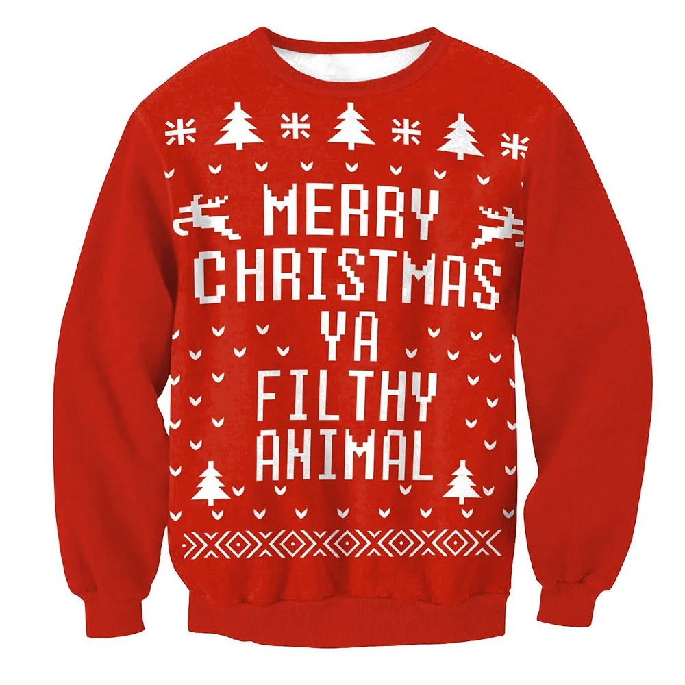 Pull de Noël rouge avec motif blanc, texte "Merry Christmas Ya Filthy Animal", rennes et sapins. Vêtement festif, tendance hiver, cadeau original.