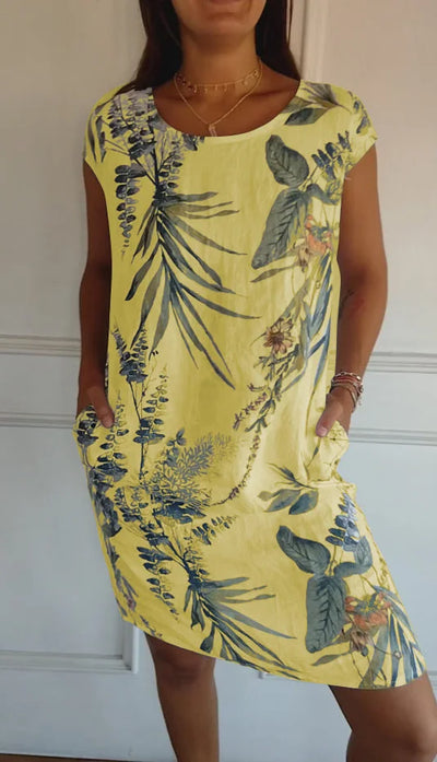 Elisabeth - Vestido de mujer de algodón y lino con cuello redondo