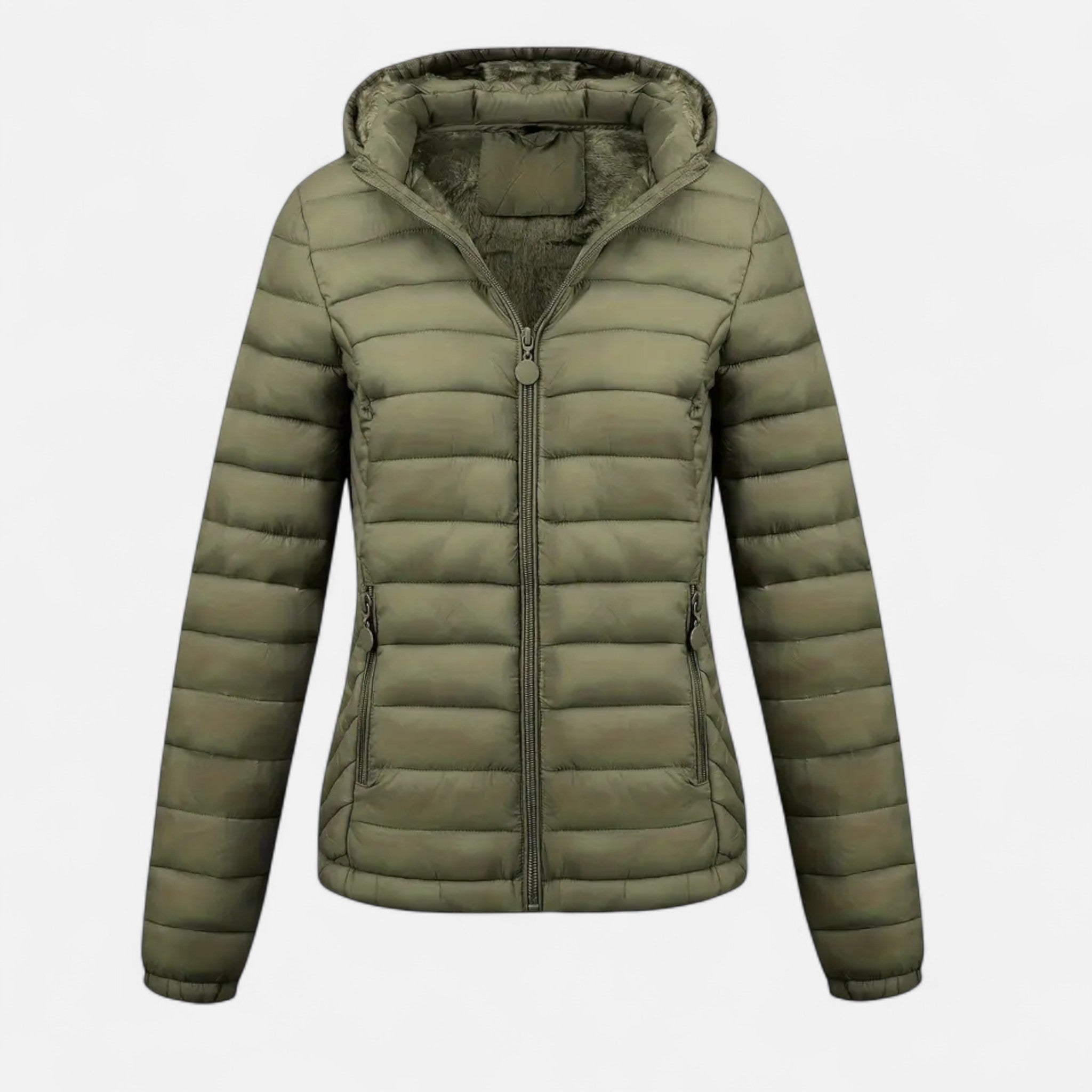 Veste matelassée verte pour femme avec capuche, fermeture éclair, poches latérales. Idéale pour l'hiver, mode féminine, vêtement chaud.