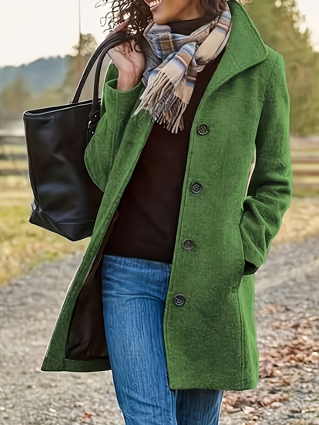 Femme portant un manteau vert élégant, écharpe à carreaux, sac noir, marchant en extérieur. Mode automne, style chic, tenue décontractée.