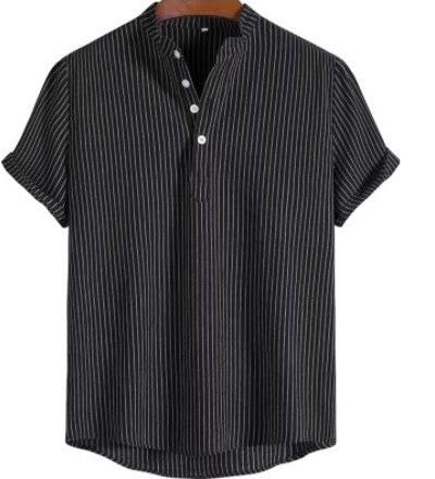 Camisa de lino a rayas para hombre con tapeta de medio botón